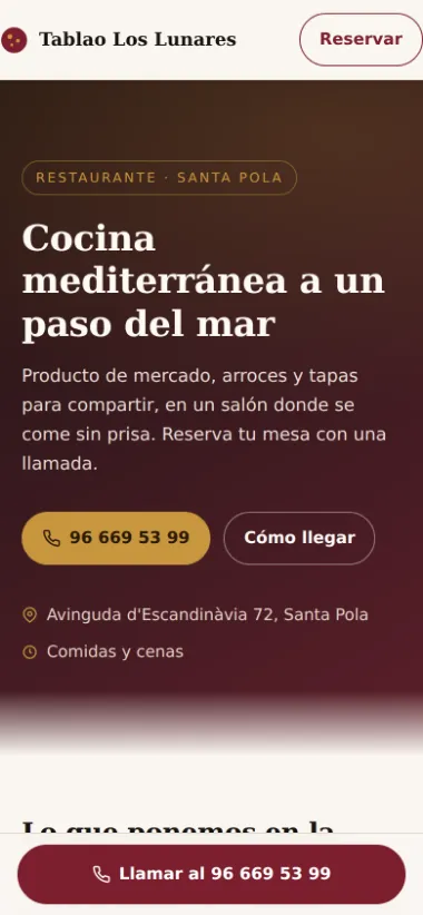 Web de restaurante vista en el móvil
